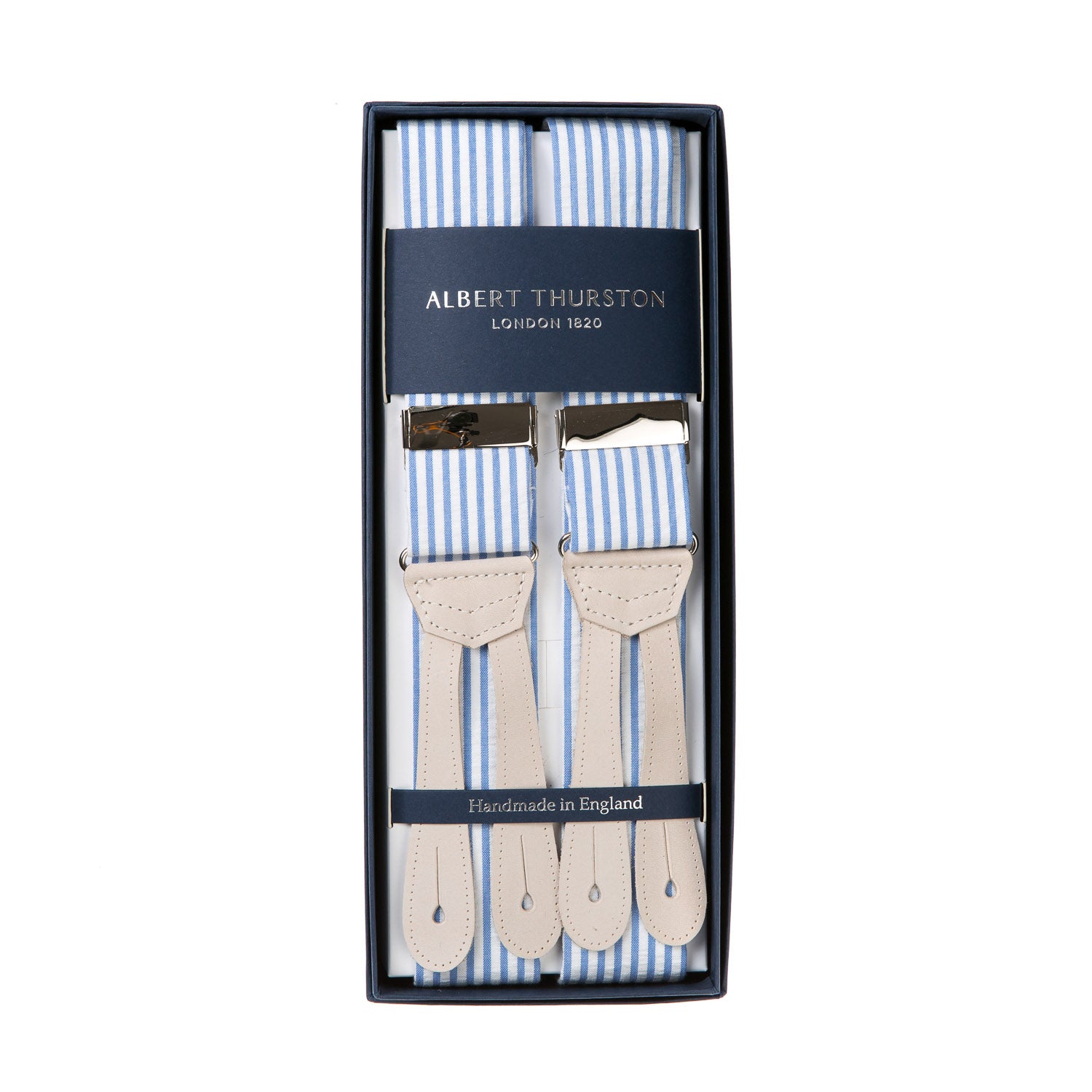 Button Suspenders "Seersucker Stripe" with Flat Ends made of Nubuck Leather